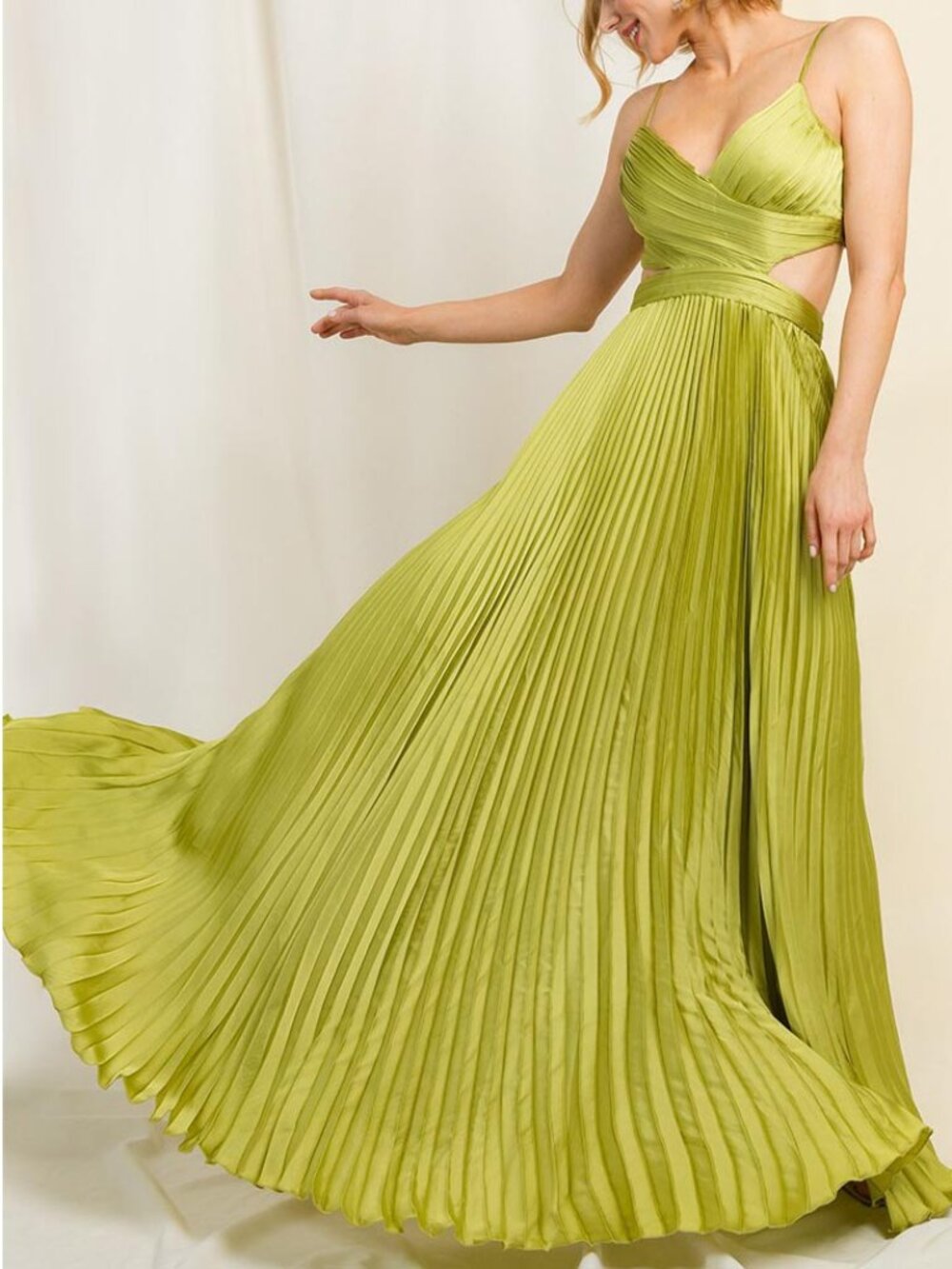 Lime Green Pleated Cutout Formal Wedding Party Maxi Dress 12